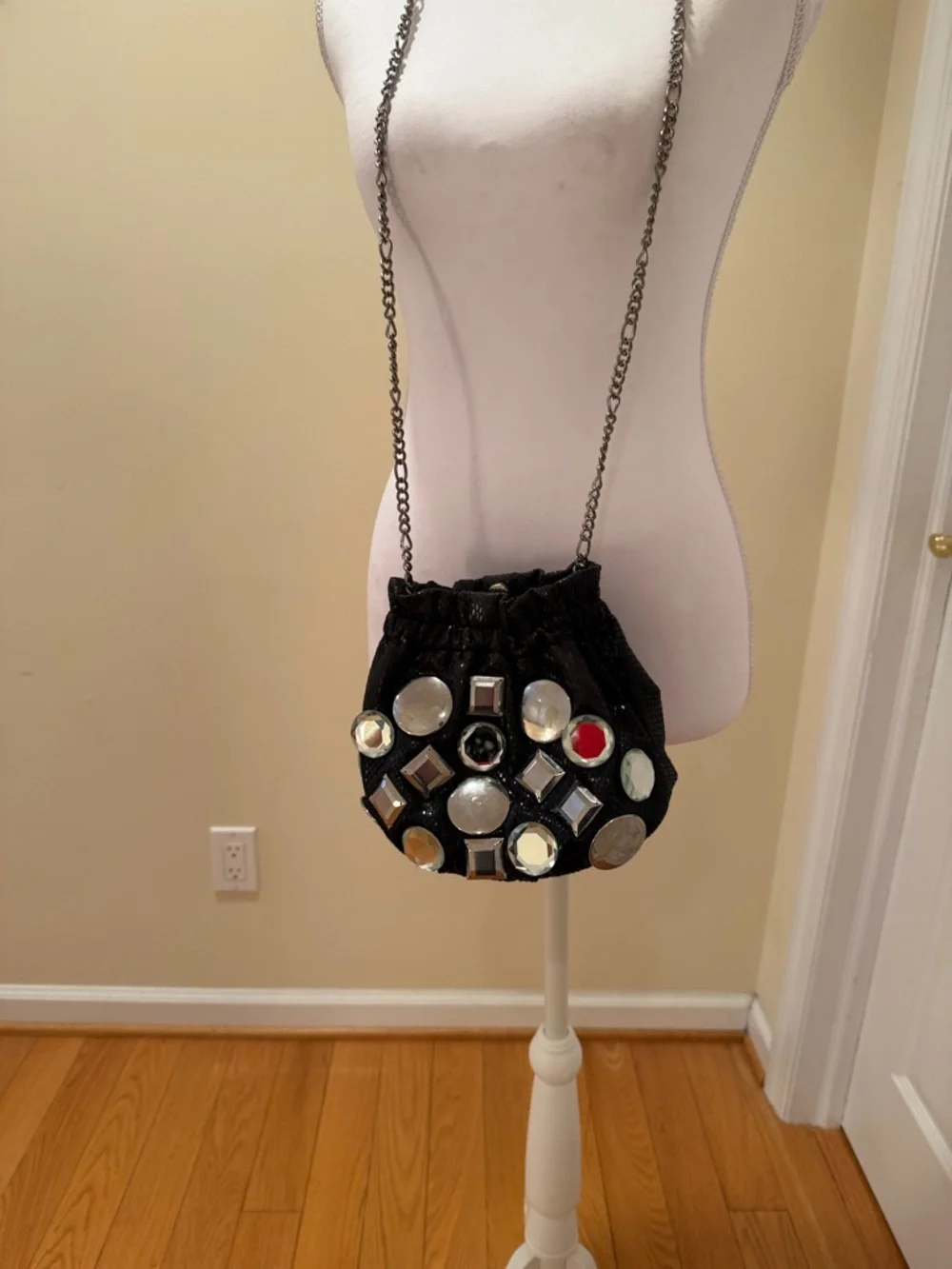 White House Black Market Black Jeweled Drawstring Crossbody - Picture 3 of 11